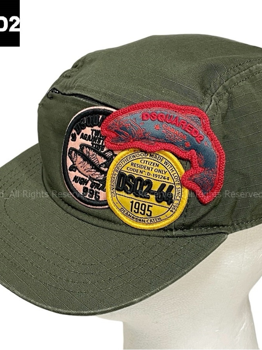 DSQUARED2 Olive Green Military Patch Cap with Red and Yellow Accents